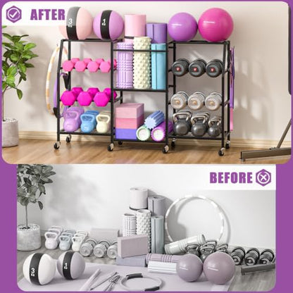 Dumbbell Rack, Weight Rack for Home Gym, Yoga Mat Storage Rack, Exercise Equipment Storage with Wheels and Hooks, Home Gym Equipment Organizer for Kettlebells - size: Large