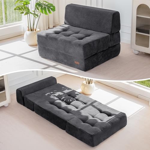 MAXYOYO Folding Sofa Bed, 8-Inch Fold-Out Chair Bed, Single | 2-in-1 Convertible Floor Sofa Couch, High-Density Foam Tufted Lounge Couch for Living Room Bedroom Dorm, Dark Grey - color: Dark Grey, size: Single