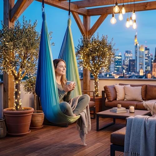 Blue-Green Gradient & Dark Green Aerial Yoga Hammock (400x180 cm / 157"x71"), Soft Silk Swing for Anti-Gravity Yoga, Inversion Therapy, Ideal for Strength, Flexibility Training and Stress Relief - color: Blue-green Gradient