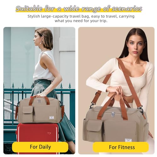 FIORETTO Women's Gym Duffle Bag with Shoes Compartment, 30L Capacity, Ideal for Travel, Gym, Sports, Duffel, Weekender - color: Khaki, style: Gym Bag With Toiletry Bag