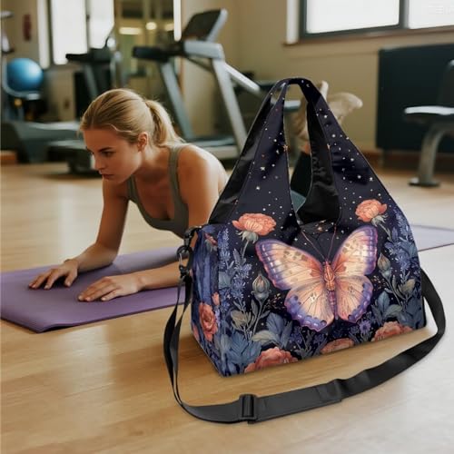 Gym Bag with Yoga Mat Holder Large Tote Bag With Multi Pockets for Women Men Dry Wet Separated Pocket Carryall Yoga Tote Bag for Pilates Travel Workout Office - color: Pink Butterfly