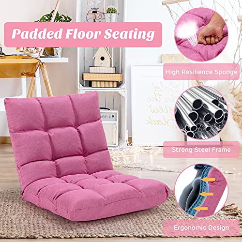 Giantex Adjustable Floor Gaming Sofa Chair 14-Position Cushioned Folding Lazy Recliner High Resilience Sponge, Breathable Cotton & Linen Fabric Sleeper Bed Couch Recliner (Pink) - color: Pink