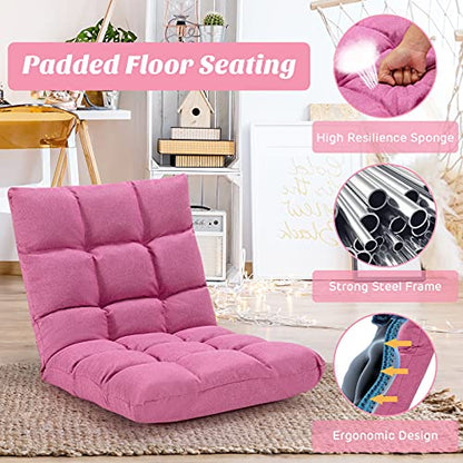 Giantex Adjustable Floor Gaming Sofa Chair 14-Position Cushioned Folding Lazy Recliner High Resilience Sponge, Breathable Cotton & Linen Fabric Sleeper Bed Couch Recliner (Pink) - color: Pink