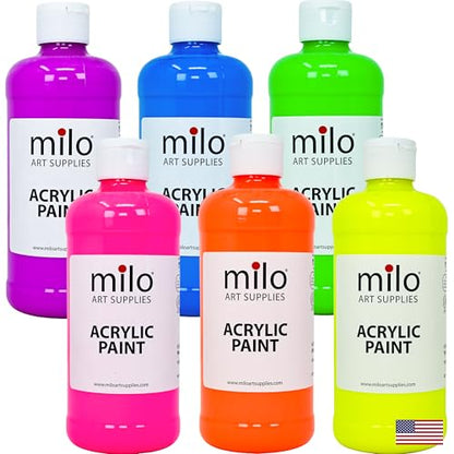 milo Fluorescent Acrylic Paint Set, 6 Neon UV Colors, 16 oz Bottles | Glows in Black Light, AP Certified Non-Toxic, Made in USA, Arts & Crafts Paints for Artists, Student, Hobby Painters, Mixable - style: Fluorescent Set 6 x 16 oz