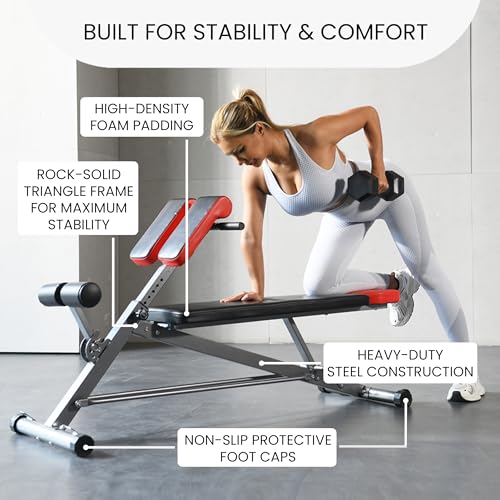 Finer Form Multi-Functional Adjustable Weight Bench and Roman Chair | 8 Back Extension Levels, Chest Press, Sit Ups, Flat Decline Settings, Sturdy Steel Frame, Thick Pad, Workout Chart Included