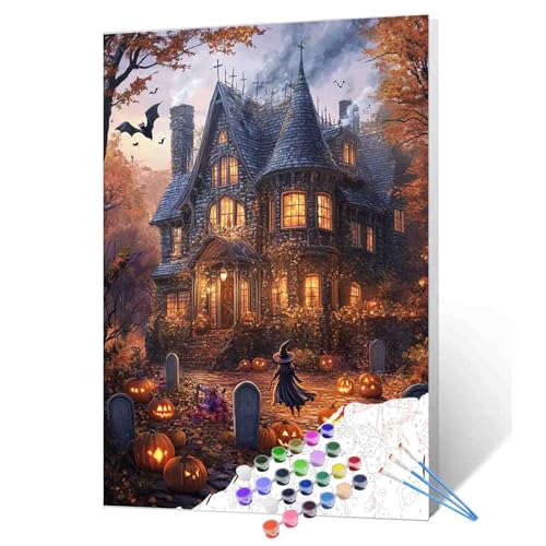 Paint by Number Halloween Spooky Castle DIY Painting On Canvas with Brushes Acrylic Paints Pumpkins Bats Witch Halloween Wall Decor Paint by Numbers for Adults Beginner 16x20 Inch（without Frame） - color: Pbn Halloween 01, size: 16''x20''(Frameless)