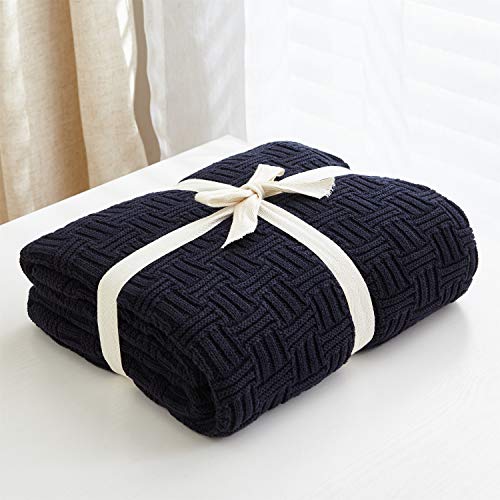 Longhui bedding Cotton Navy Cable Knit Throw Blanket for Couch Chairs Bed Beach, Home Decorative Grey Knitted Blanket, 50 x 60 Inch with a Washing Bag,Silk Bow Tie Package - color: Navy Blue, Stripe Pattern, size: 50"x60"