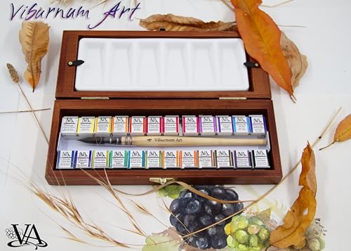 Professional Watercolor Paint Set - 24 Half Pan Highly Pigmented Transparent Water Color Adult Paints with #4 Synthetic Water color Brush, Ceramic Mixing Palette & Wooden Box Gift Watercolor Kit