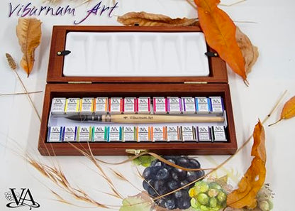 Professional Watercolor Paint Set - 24 Half Pan Highly Pigmented Transparent Water Color Adult Paints with #4 Synthetic Water color Brush, Ceramic Mixing Palette & Wooden Box Gift Watercolor Kit