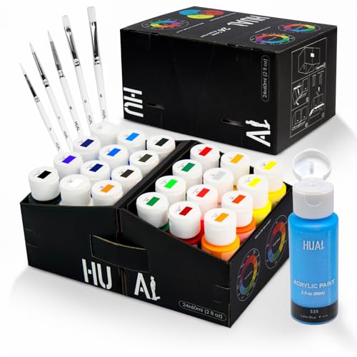 Acrylic Paint Set With 5 Brushes, 24 Colors (60ml, 2oz) for Artists Kids Beginners & Painters,Model/Canvas/Rock/Fabric/Glass/Stone/Ceramic/Wood Painting, Non Toxic - color: Clear Bottle