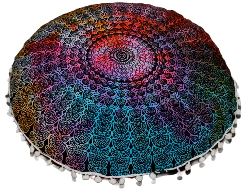 CRAFT KALA 22" Mandala Meditation Floor Pillows Cover Pouf Cover Round Seating Bohemian Mandala Cotton Floor Cushion Cover Outdoor Fireplace Seating Living Room Yoga Room Home Décor (Multi Peacock) - color: Multi Peacock