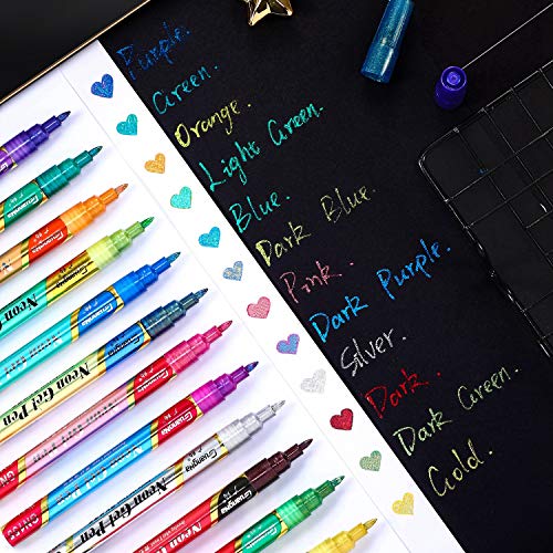 Outus 12 Metallic Marker Pens, Double Line Paint Markers for Black Paper | Glitter Dual Tips, Vivid Ink for Card Making, Scrapbook, Photo Album, Signature Lettering, Art Projects on Dark Surfaces