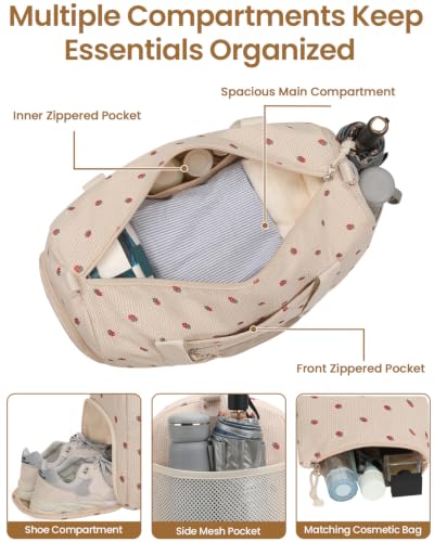 Vankor Gym Bag for Women, 17.5 inch Sports Duffle Bag with Shoe Compartment - color: Beige Corduroy Strawberry