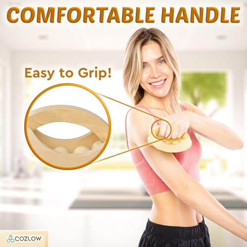 Wooden Massage Ball Roller - Supports Lymphatic Drainage and Pain Relief | Cozlow - wood massager w/ 10 rolling balls & easy grip - whole body muscles relaxation - may help reduce cellulite appearance - color: Wood