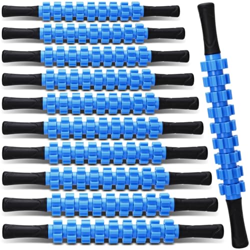 Hiboom 12 Pack Muscle Roller Stick with 9 Independent Rollers Massage Stick Anti-Slip Grip for Yoga Fitness Recovery Lymphatic Drainage Leg Back Pain Relief Athletes Runners Physical Therapy(Blue)