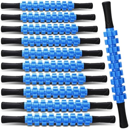 Hiboom 12 Pack Muscle Roller Stick with 9 Independent Rollers Massage Stick Anti-Slip Grip for Yoga Fitness Recovery Lymphatic Drainage Leg Back Pain Relief Athletes Runners Physical Therapy(Blue)