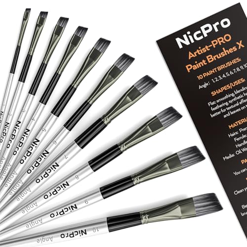 Nicpro 10 PCS Angular Paint Brush Set, Nylon Hair Angled Paint Brushes for Acrylic, Watercolor, Oil, Gouache, Craft, Detail Face Body Art Painting, Base Coating, Artist Paintbrush Kit for Kid & Adult - size: Angular