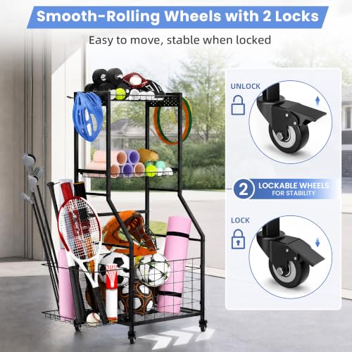 Garage Ball Storage Sports Equipment Organizer with Bat Rack