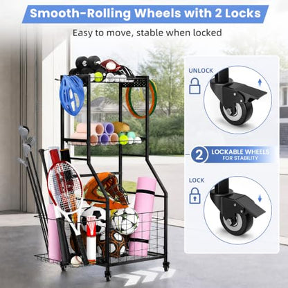 Garage Ball Storage Sports Equipment Organizer with Bat Rack