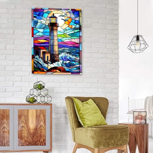 DIYDECORFUN Lighthouse Diamond Art Kits for Adults,DIY 5D Stained Glass Lighthouse Diamond Painting Kit for Beginners,Full Round Drill Landscape Dot Mosaic Gem Art for Home Wall Decor12X 16Inch - color: QD881