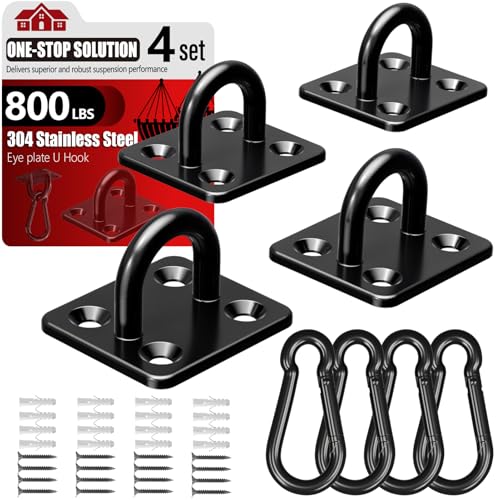 sprookber 304 Stainless Steel Pad Eye Snap Hook, M6 Ceiling Hook 800Lb,8Pcs | Hanging Kit with Screws for Hammock Chair Swing, Yoga Gym Equipment, Sun Shade Sail, Plant Hangers & Marine Boat Hardware - size: 2.3 inch, style: Black Square