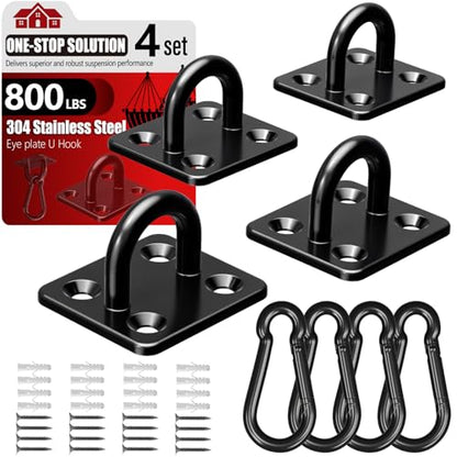 sprookber 304 Stainless Steel Pad Eye Snap Hook, M6 Ceiling Hook 800Lb,8Pcs | Hanging Kit with Screws for Hammock Chair Swing, Yoga Gym Equipment, Sun Shade Sail, Plant Hangers & Marine Boat Hardware - size: 2.3 inch, style: Black Square