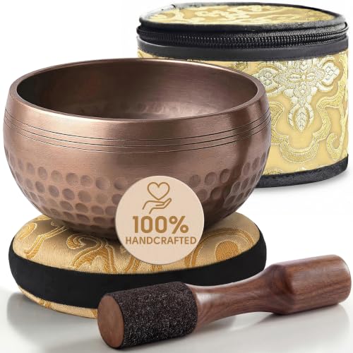 Silent Mind Tibetan Singing Bowl Set – Easy to Play & Beginner Friendly Meditation Bowl with Cushion, Mallet & Case | Stress Relief & Mindfulness | Gift-Ready - color: Brown Glossy, size: With Case
