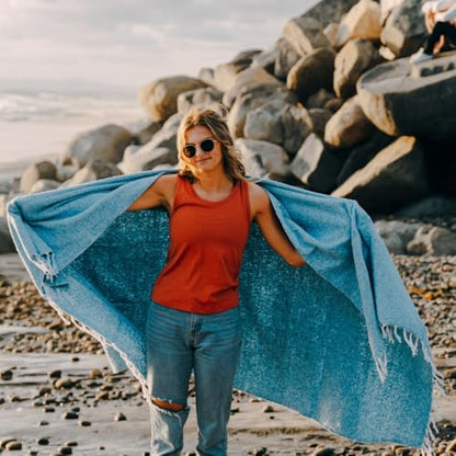 Open Road Goods Solid Color Mexican Yoga Blanket – Large Handwoven Throw for Yoga, Beach, Camping or Home – Soft and Durable Cotton Blend - color: Aqua Blanket
