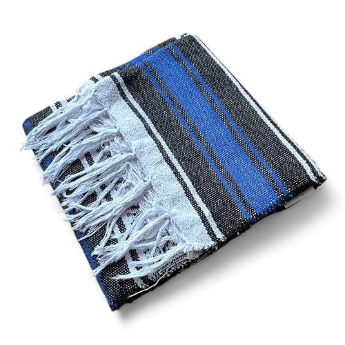 Mexican Falsa Blanket Serepe Throw Authentic Handwoven Saddle Multi-Use for Yoga, Beach, Camping and Picnics - Durable Outdoor Indoor. 60% Cotton. - color: Blue