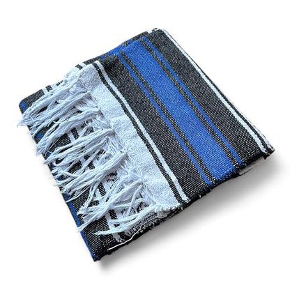 Mexican Falsa Blanket Serepe Throw Authentic Handwoven Saddle Multi-Use for Yoga, Beach, Camping and Picnics - Durable Outdoor Indoor. 60% Cotton. - color: Blue