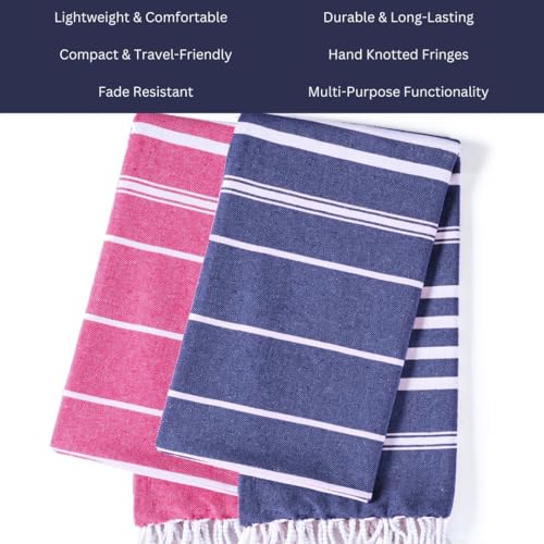 WeWove Turkish Peshtemal Beach Towels Large 39x70 Inch Set of 2-100% Cotton Soft Quick-Drying Absorbent Washable - Versatile for Beach Bath Pool Spa Picnic Travel - Turkish Towels Blue Pink - color: Blue Pink