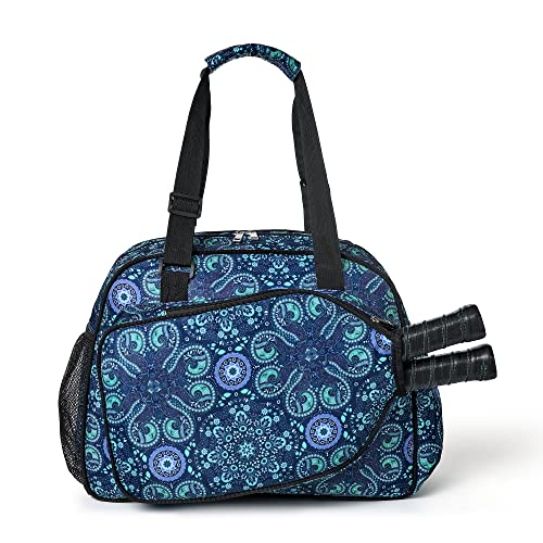 Boulder Bee Pickleball Tote Bag for Women with Paddle Holder | Fits 2 paddles. 2 side pockets for water bottle. Lightweight. Vintage floral patterns. Perfect gym & court bag. - color: Blue