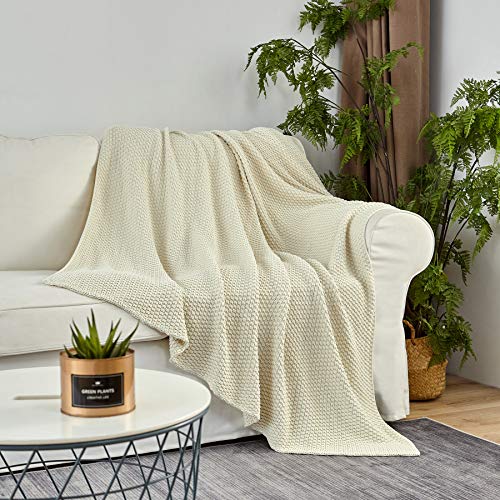 Longhui bedding 100% 면 니트 담요 - 크림, 부드럽고 아늑함, 세탁기 사용 가능, 152.4cm x 203.2cm(60 x 80인치) - 거실, 소파, 침대 또는 여행에 적합 - color: 크림, size: 60" x 80", Oversized