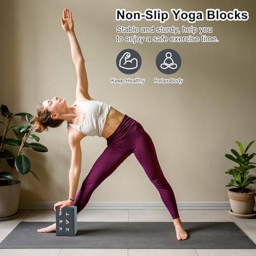 2 Yoga Block and 2 Yoga Strap Set,Non-slip EVA Foam Blocks, High Density Yoga Bricks with 6ft Strap, Supportive Latex-Free Yoga Block Accessories for Pilates - color: Gray