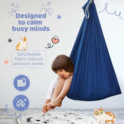Aokitec Sensory Swing for Kids & Adult, Indoor Outdoor Cuddle Hammock Chair | Therapy swing, Special Needs, Autism, ADHD, Adjustable, Soft Nylon 300LB Capacity, 360 Swivel Hanger, All Hardware Included - color: Midnight Blue