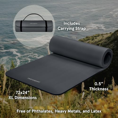 Retrospec Solana Yoga Mat Thick 1/2in Non-Slip Workout Mat with Nylon Strap - 72x24in Exercise Mat for Pilates, Stretching & Fitness - BPA Free, Easy Clean - color: Graphite