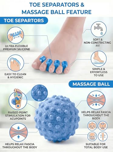 4-Piece Toe Spreaders and Foot Massage Ball Kit | 2 Pairs Gel Toe Stretchers & 2 Spiky Massage Balls for Bunion Relief, Plantar Fasciitis, Foot Pain(Blue) - color: Blue