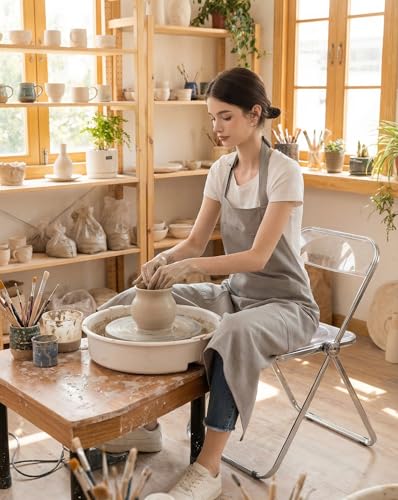 Pottery Apron Split Leg,100% Cotton Artist Apron 3 Pockets for Women Men,Ceramics Clay - color: Light Grey, size: 43" long