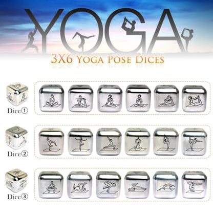 Metal Yoga Dice Set, 3Pcs Laser Engraved Yoga Pose Pattern Stainless Steel Rolling Dices with Velvet Bag for Women Yogis