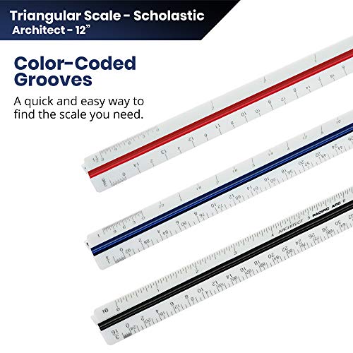Pacific Arc Architect Triangle Scale Ruler 12 Inch with Acid Etched Markings Openly Divided by 3/32, 3/16, 1/8, 1/4, 3/8, 1/2, 3/4, 1, 1H, and 3 Inch to The Foot