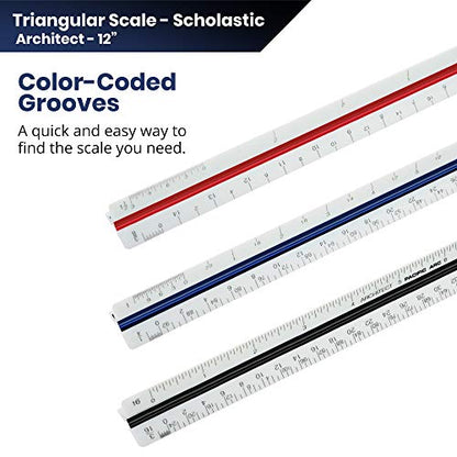 Pacific Arc Architect Triangle Scale Ruler 12 Inch with Acid Etched Markings Openly Divided by 3/32, 3/16, 1/8, 1/4, 3/8, 1/2, 3/4, 1, 1H, and 3 Inch to The Foot