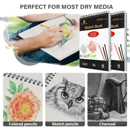 8.3"x11.7" Sketch Book, 2- Pack 2x60 Sheets Spiral Bound Art Skethbook, Sketch Pad (80 lb. / 120 GSM), Artist Drawing Book White Paper Painting Sketching Pad