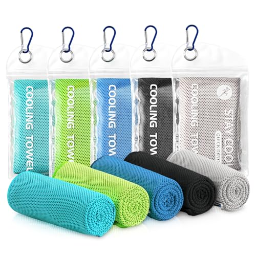 Cooling Towels - 5 Pack Gym Towels, Gym Towel for Working Out, Yoga Towel | Microfiber Breathable Mesh Fabric, Large Size: 40"L × 12"W, Reusable & Easy To Clean, Equipped With Waterproof Storage Pouch - color: Light Blue/Green/Dark Blue/Black/Grey