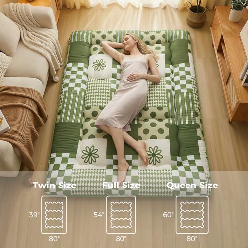 XICIKIN 2.5" Japanese Floor Mattress, Japanese Futon Mattress - color: Green Checkerboard, size: Twin（80" x 39"）