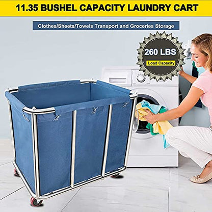 400L Industrial Rolling Laundry Cart,Commercial Laundry Basket with Wheels - color: Blue - 11.35 Bushels - 5
