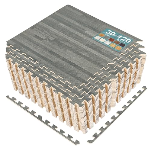 Sorbus Interlocking Wood Grain Foam Floor Tiles (30 Pack, Gray) | 3/8-inch EVA floor mats with borders suit playrooms, basements and home gyms, plus trade show flooring and dance areas. - color: Grey, size: 30 Pack