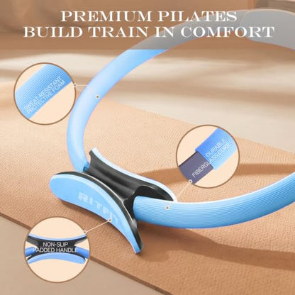 RitFit Pilates Ring 14 Inch Magic Fitness Circle for Inner Thigh Toning | Bonus Workout Guide & Storage Bag Included, Lightweight & Portable, Pilates Yoga Full Body Toning - style: Blue Kit