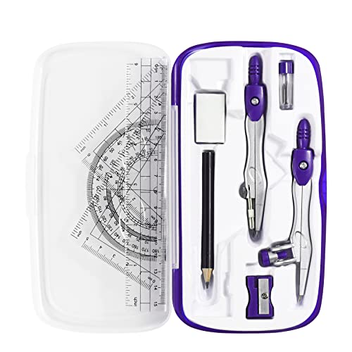 Vobou Math Geometry Sets 10 Pcs, Student Supplies Kit, Compass Set (Purple | Shatterproof Storage Box,Includes Rulers,Protractor,Compass,Eraser,Pencil Sharpener,Lead Refills,Pencil, for Drafting - color: Purple