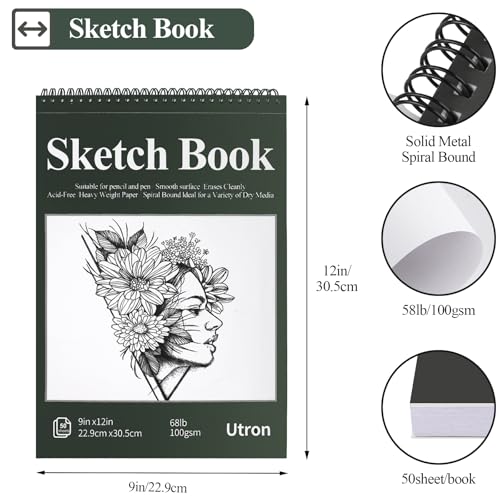 Utron 9"x12" Sketchbook Drawing, Top Spiral Sketching Pad, 100GSM/68LB Acid Free Art Sketching Pad, Drawing Paper, Beginner Artist (50 Sheets, White) - size: 1 Pack | 9" x 12"