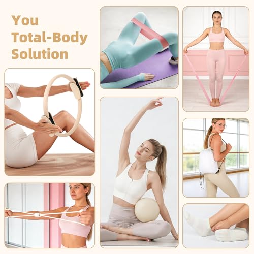 Tuhangcc Pilates Kit Women's Home Pilates Kit Ivory White Series Yoga Ball 15-inch Pilates Ring Instruction Manual Figure-8 Resistance Band and Other Accessories for Beginners for Home Workouts
